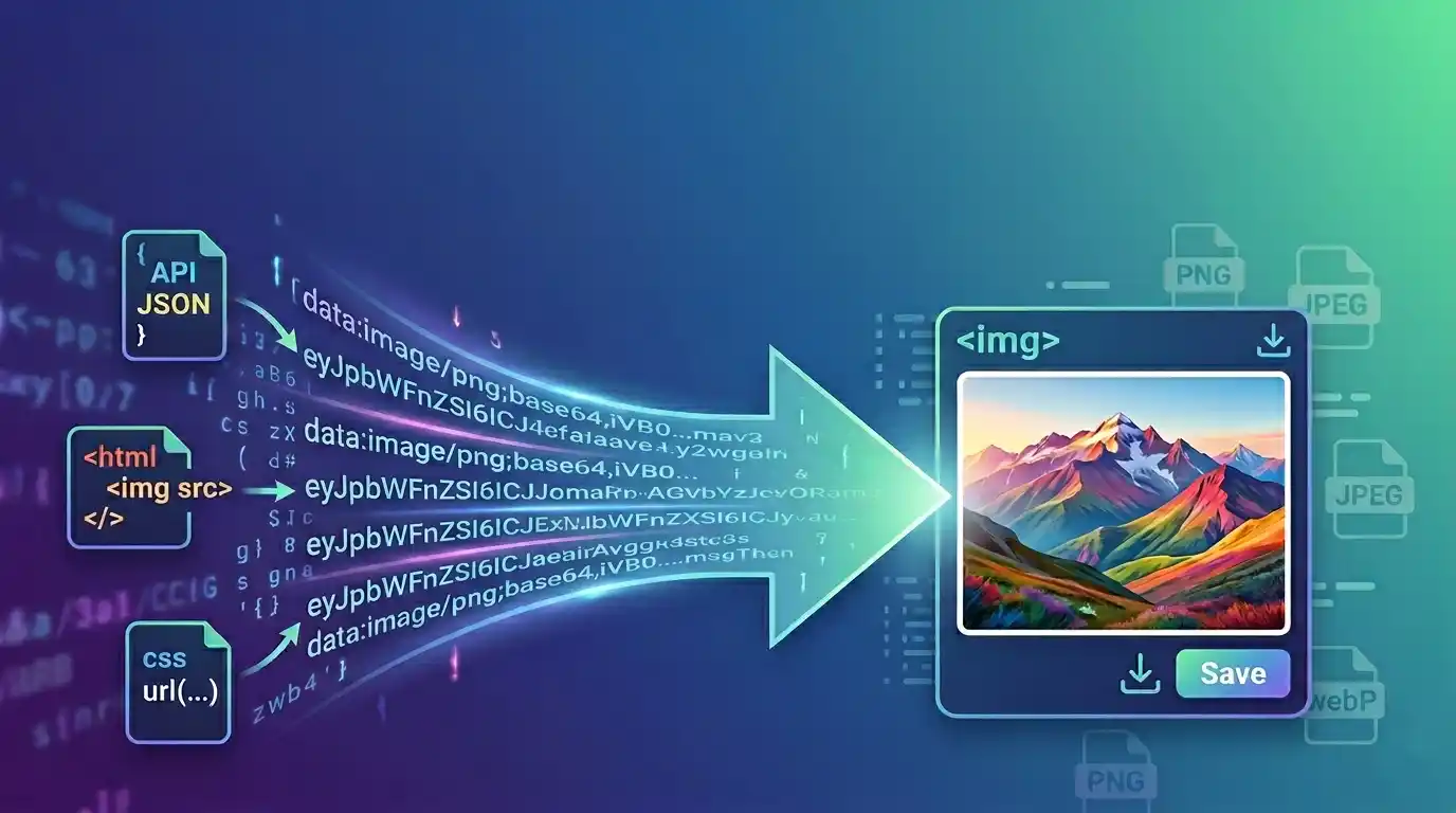 Illustration showing Base64 text being decoded into a downloadable image file