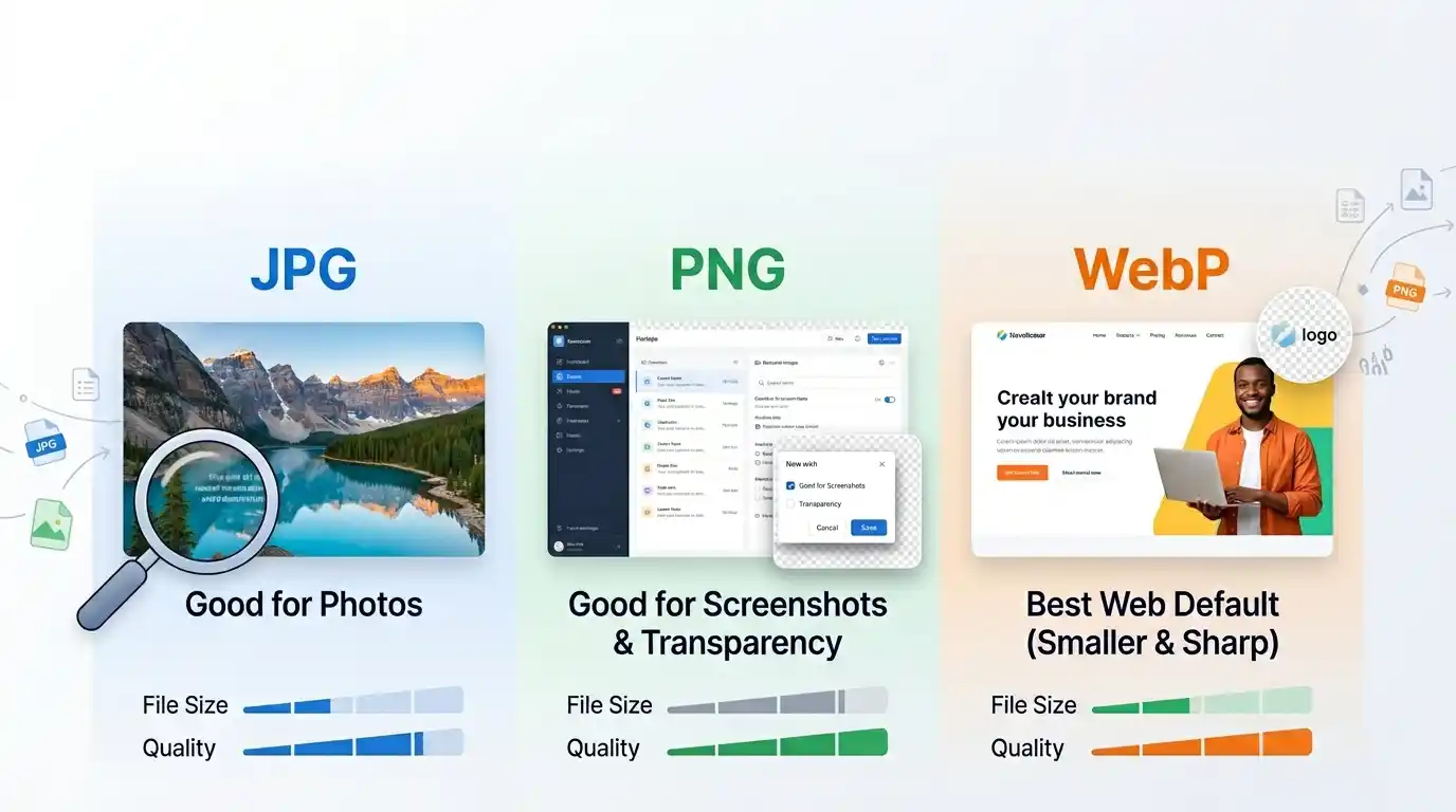 Comparison graphic showing when to use JPG PNG and WebP image formats