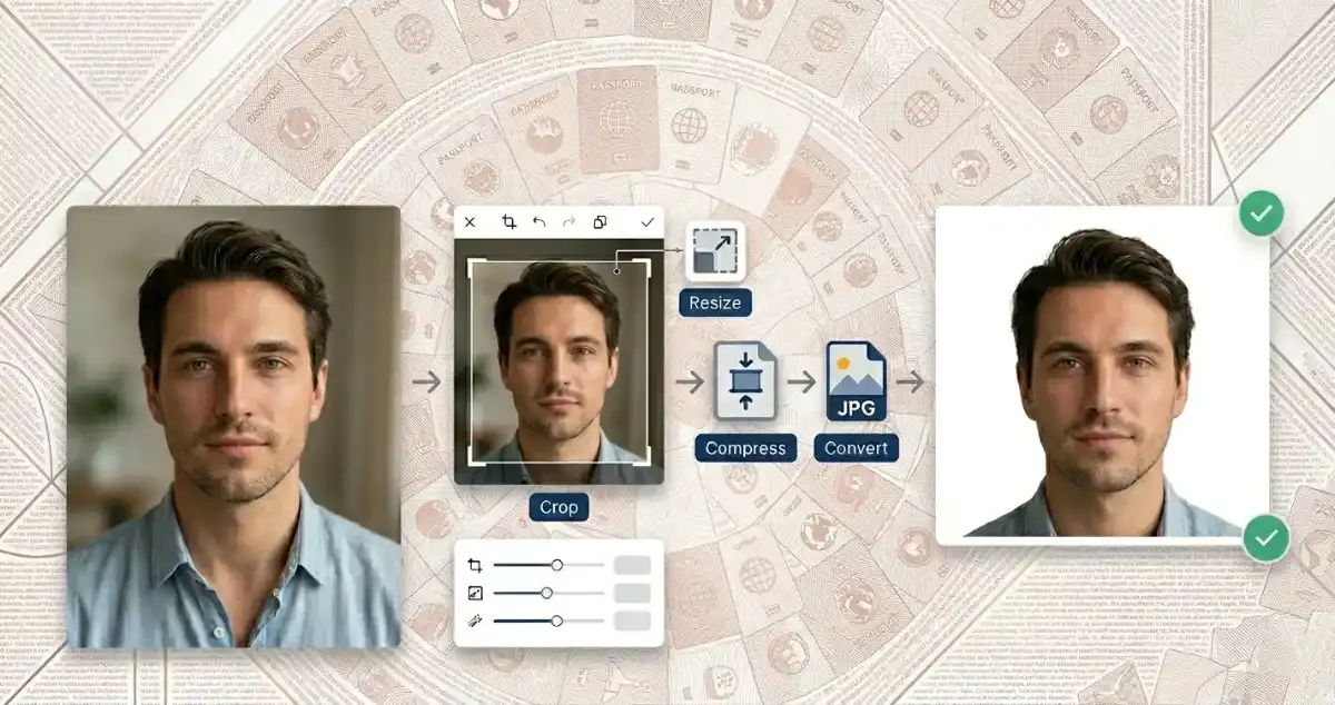 Person resizing and optimizing a passport photo online with crop resize and compression tools