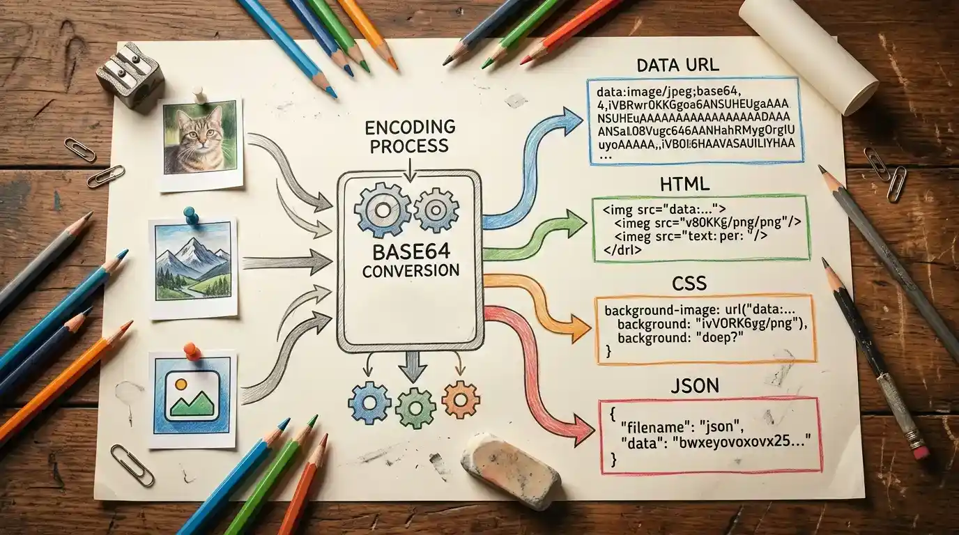 Illustration showing an image file being converted into Base64 text for web use