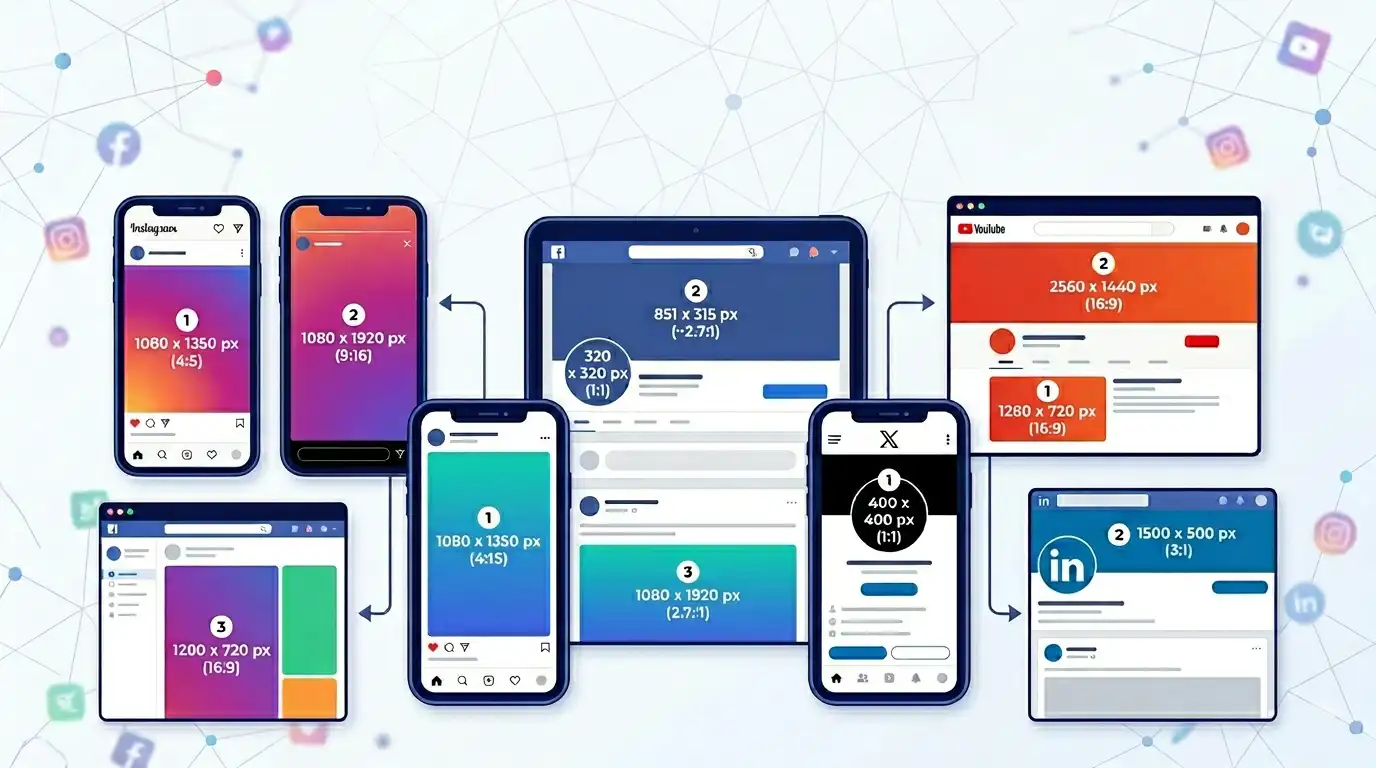Comparison layout showing image size templates for Instagram, Facebook, YouTube, and other social media platforms