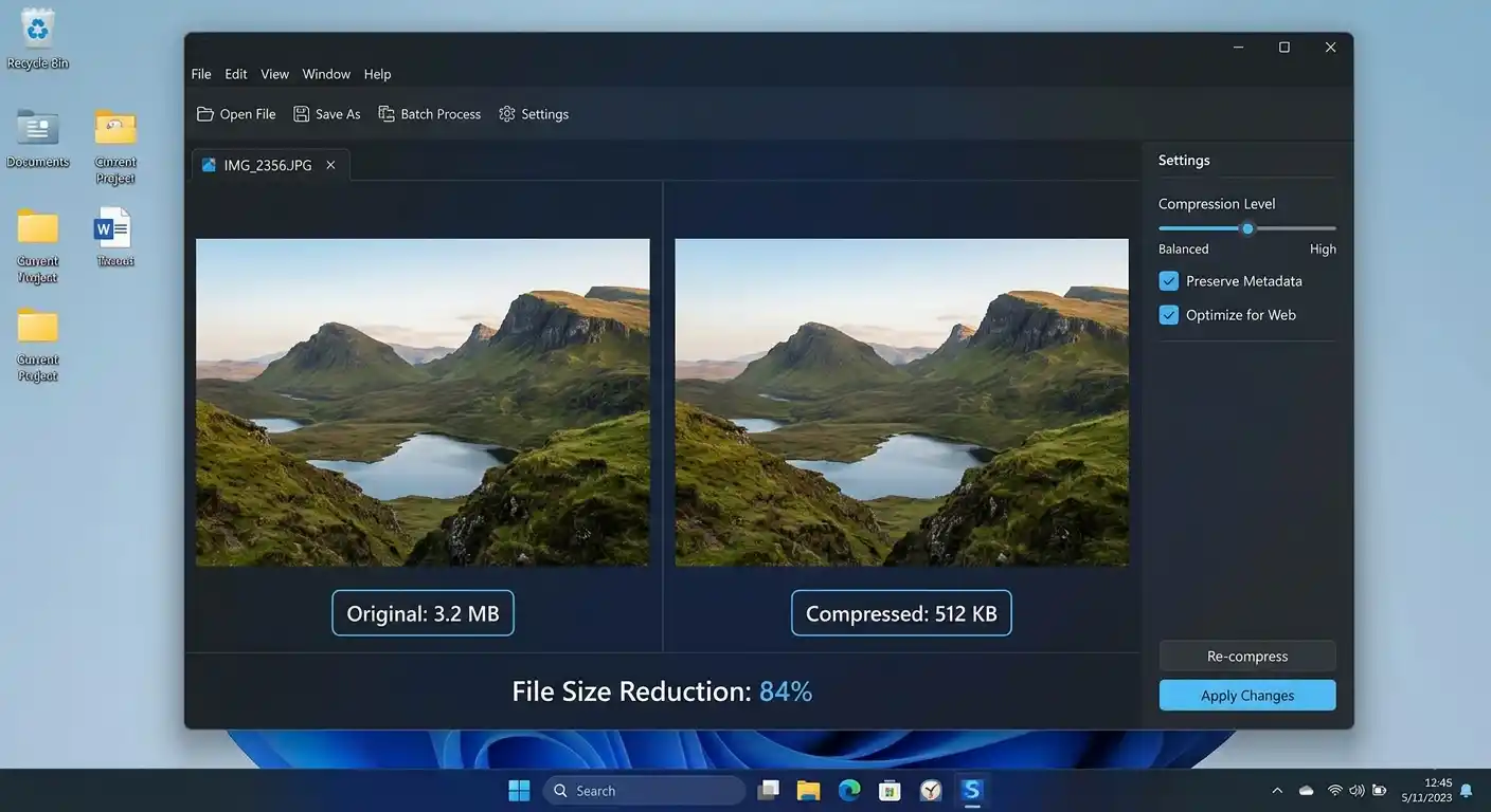 Side by side website image example showing uncompressed and compressed image file sizes