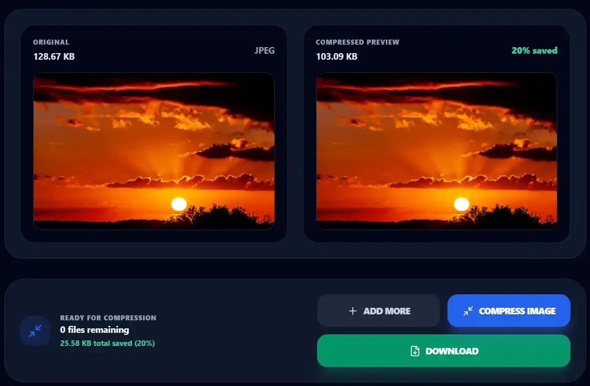Compressed image result showing original and reduced file size