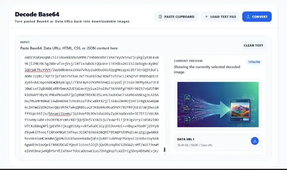 Preview of a decoded image with download options after converting Base64 to an image