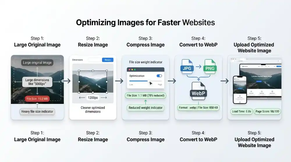 Workflow showing image resizing compression and WebP conversion for faster website performance