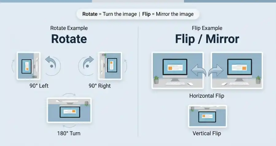 Comparison showing difference between rotating and flipping an image with examples
