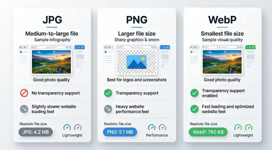 Comparison of JPG PNG and WebP image formats showing file size transparency and website performance differences