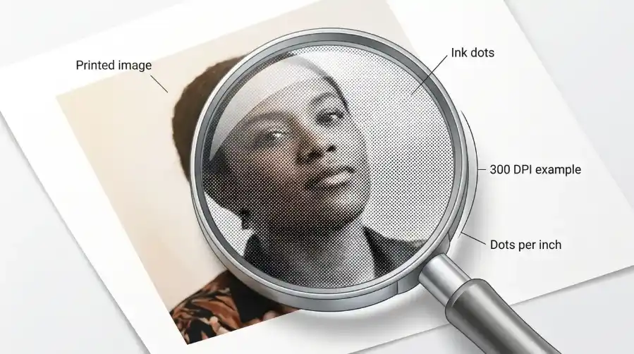 Magnified view of printed image showing ink dots used in DPI printing