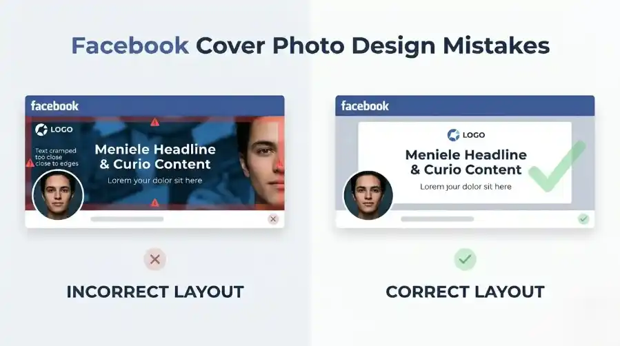 Comparison showing incorrect and correct Facebook cover photo layout and content positioning